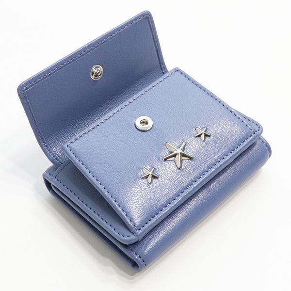 ジミーチュウ ミニ財布 偽物 3つ折り財布 ミニウォレット LEATHER WITH STARS NEMO CST STONE BLUE