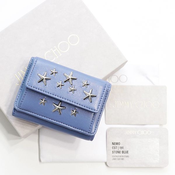 ジミーチュウ ミニ財布 偽物 3つ折り財布 ミニウォレット LEATHER WITH STARS NEMO CST STONE BLUE