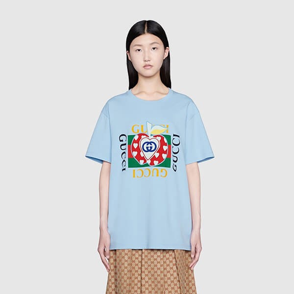 グッチ Tシャツ コピー アップル＆ハート レポム トップス 林檎 ハート ロゴ 男女 プレタ  615044 XJDOH 7989