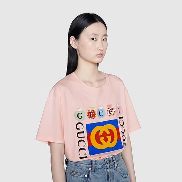 グッチ Tシャツ コピー アップル＆ハート レポム トップス 林檎 ハート ロゴ 男女 プレタ  615044 XJDOH 7989