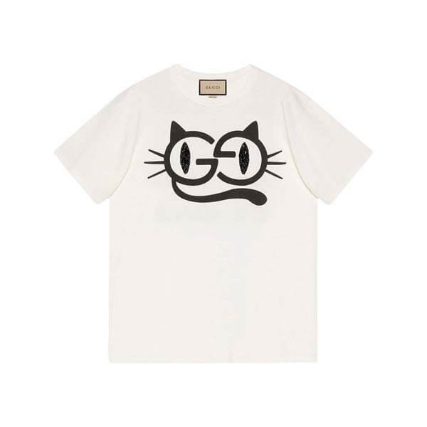 グッチ キャットアイ 偽物★プリント コットンジャージー Tシャツ 615044 XJDGG 9127