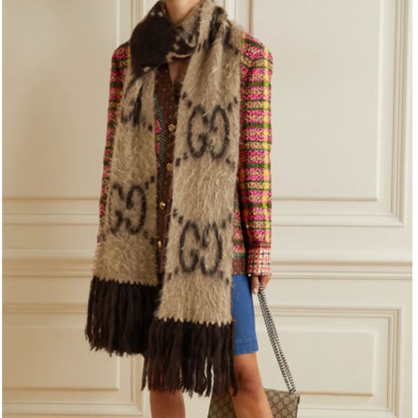 ★グッチ★Fringed brushed mohair-blend jacquard-knit scarfスーパーコピーWJ31